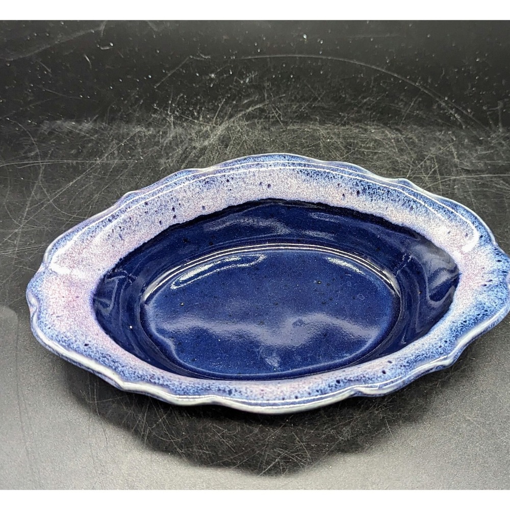 Vintage Bay Pottery Blue Drip Glaze 7.25" Trinket Dish Studio Art Pottery Signed